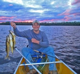 Joe Friedrichs hoisted a stringer of walleyes while fishing Swamp Lake in the Boundary Waters Canoe Area Wilderness on a recent evening.