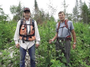 Tim Rutke, St. Louis county forester with Larry Sampson, SHTA trail maintenance supervisor, standing by forest re-growth. | STEVE COZ