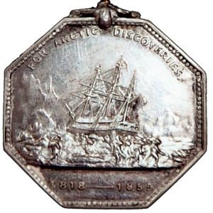 The Arctic Medal, instituted in 1857 by Queen Victoria, was granted “to all persons of every rank and class, who have been engaged in the several expeditions to the Arctic Region, whether of discovery or search, between the years 1818 and 1855.” The original medal had the recipient’s name with the reigning monarch on one side [upper left], and the other side showed a three-masted ship surrounded by ice floes [above]. The Arctic Medal for John Hartnell, who died on January 4, 1846, was presented to his descendant Donald Bray a century later on Jan. 6, 1986. | Elle Andra-Warner/ Courtesy of Dr. Brian Spenceley