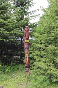 This Haida-like totem pole greets visitors in the driveway.
