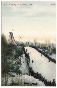 This postcard, made between 1905 and 1915, shows the original ski jump at Chester Bowl in Duluth, likely during an international competition. | courtesy of Tony Dierckins