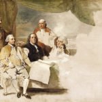 U.S. delegation at the Treaty of Paris included John Jay, John Adams, Benjamin Franklin, Henry Laurens and William Temple Franklin. They are depicted in this painting by Benjamin West, “American Commissioners of the Preliminary Peace Agreement with Great Britain”.