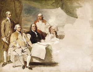 U.S. delegation at the Treaty of Paris included John Jay, John Adams, Benjamin Franklin, Henry Laurens and William Temple Franklin. They are depicted in this painting by Benjamin West, “American Commissioners of the Preliminary Peace Agreement with Great Britain”.