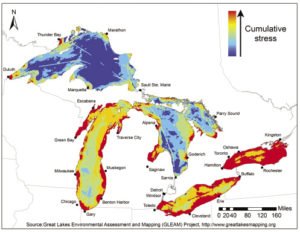 Environmental stress mapped across the surface of the Great Lakes, based on the combined influence of 34 different environmental threats.