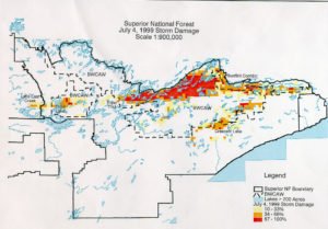The 1999 blowdown hit hardest in the north central part of the Boundary Waters. | USDA FOREST SERVICE—SUPERIOR NATIONAL FOREST