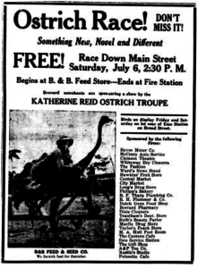 American poster for ostrich races with appearance by Katherine Reid.