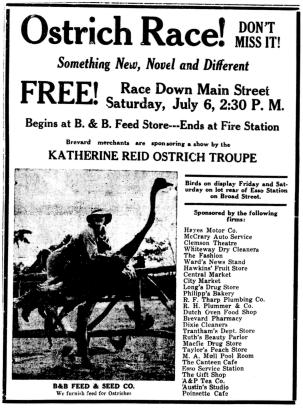 American poster for ostrich races with appearance by Katherine Reid.